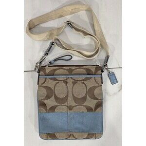 Vtg Coach Signature Stripe Crossbody Jacquard Swingpack File Bag Y2K Khaki/Blue